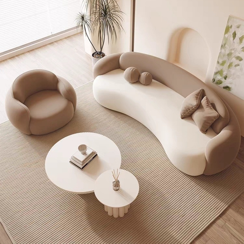 Elegant Cream Hued Cloth Arc Shaped Durable Sectional Sofa Minimalist Design Trending On Social Media For Modern Living Room