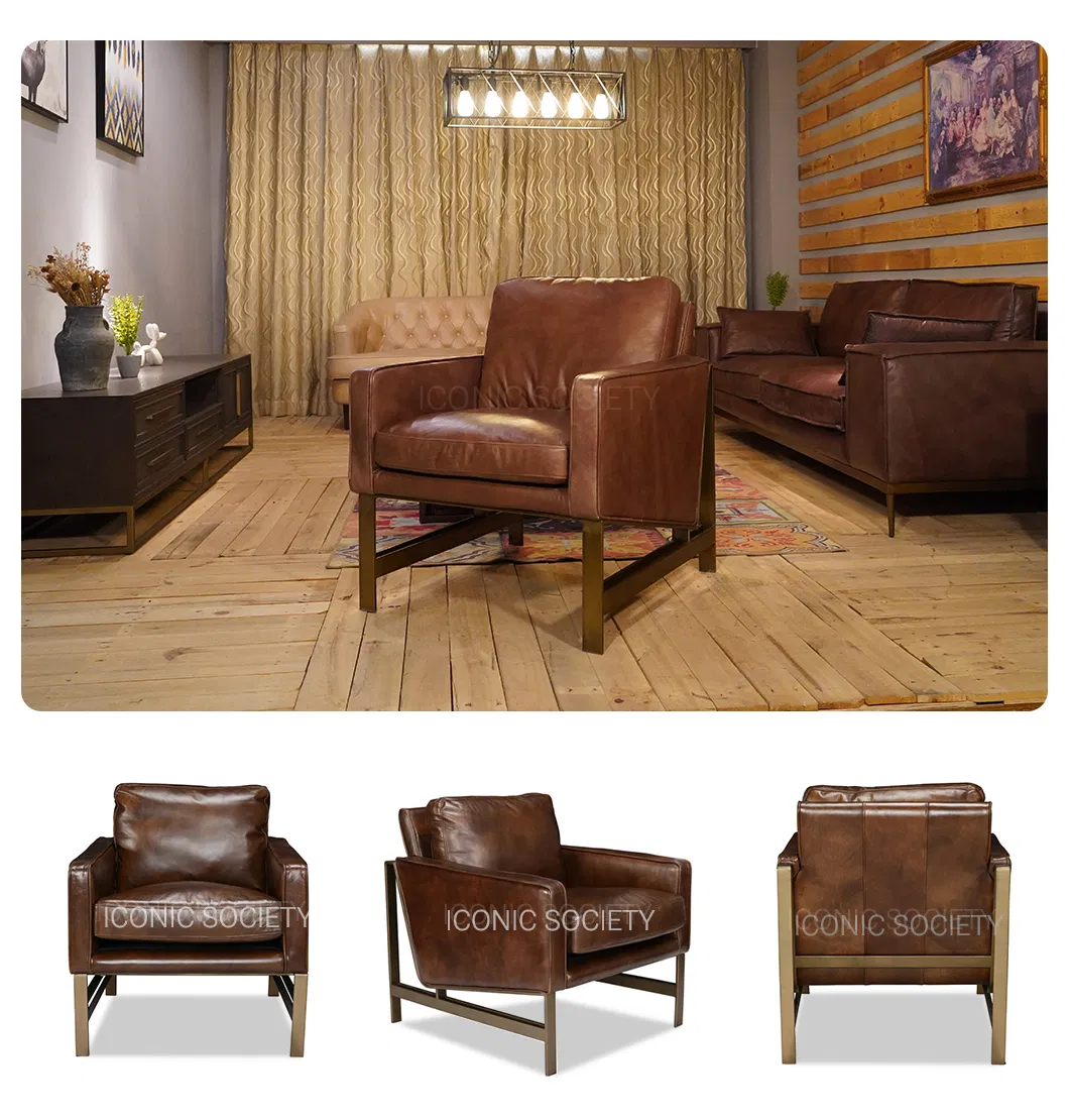 Handmade OEM Manufacturing Living Room Home Furniture Metal Frame Stylish Single Chair Leisure Sofa Set Genuine Leather Accent Armchair