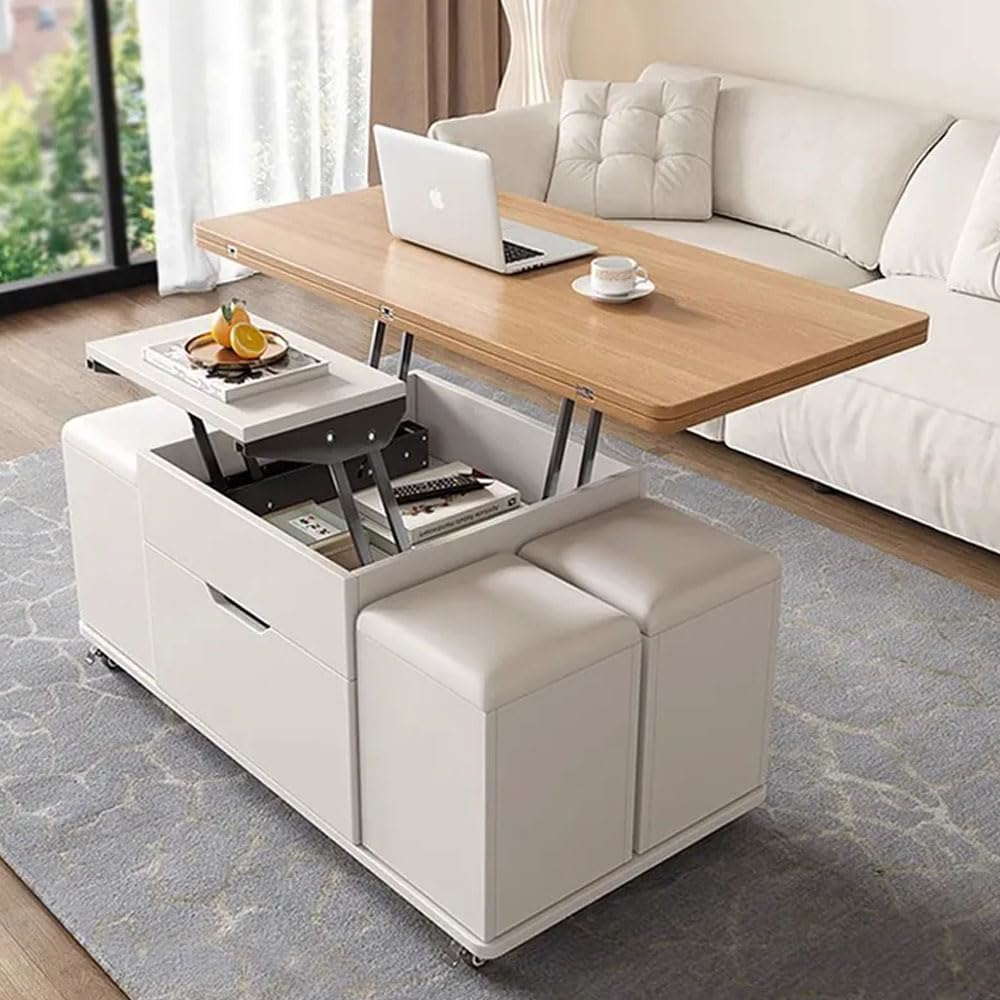 Modern Living Room Furniture Multifunctional Square Extendable Center Table Wooden Folding Coffee Table with Storage Stools