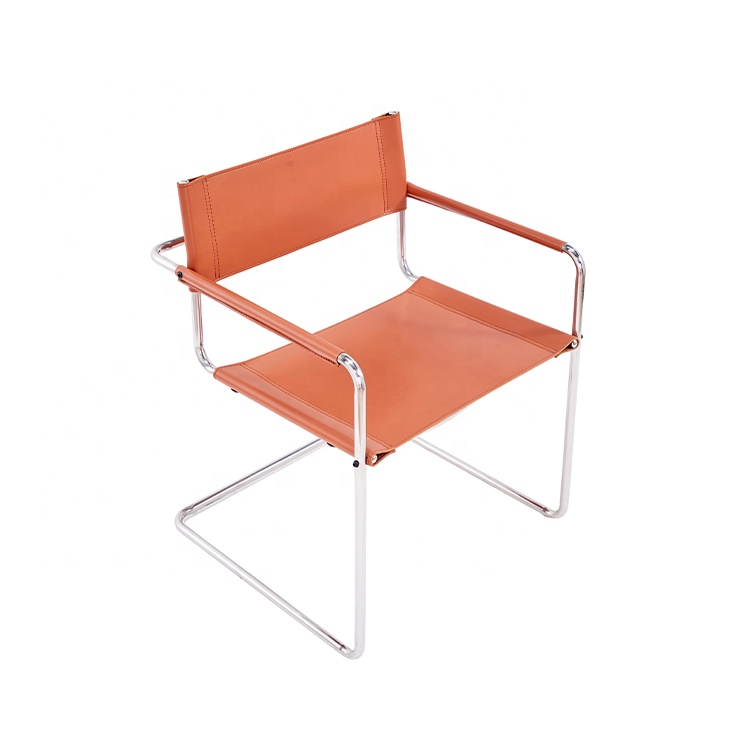 Bauhaus Modern Brown Saddle Leather Stainless Steel Metal Frame Dining Room Chair Restaurant Chair