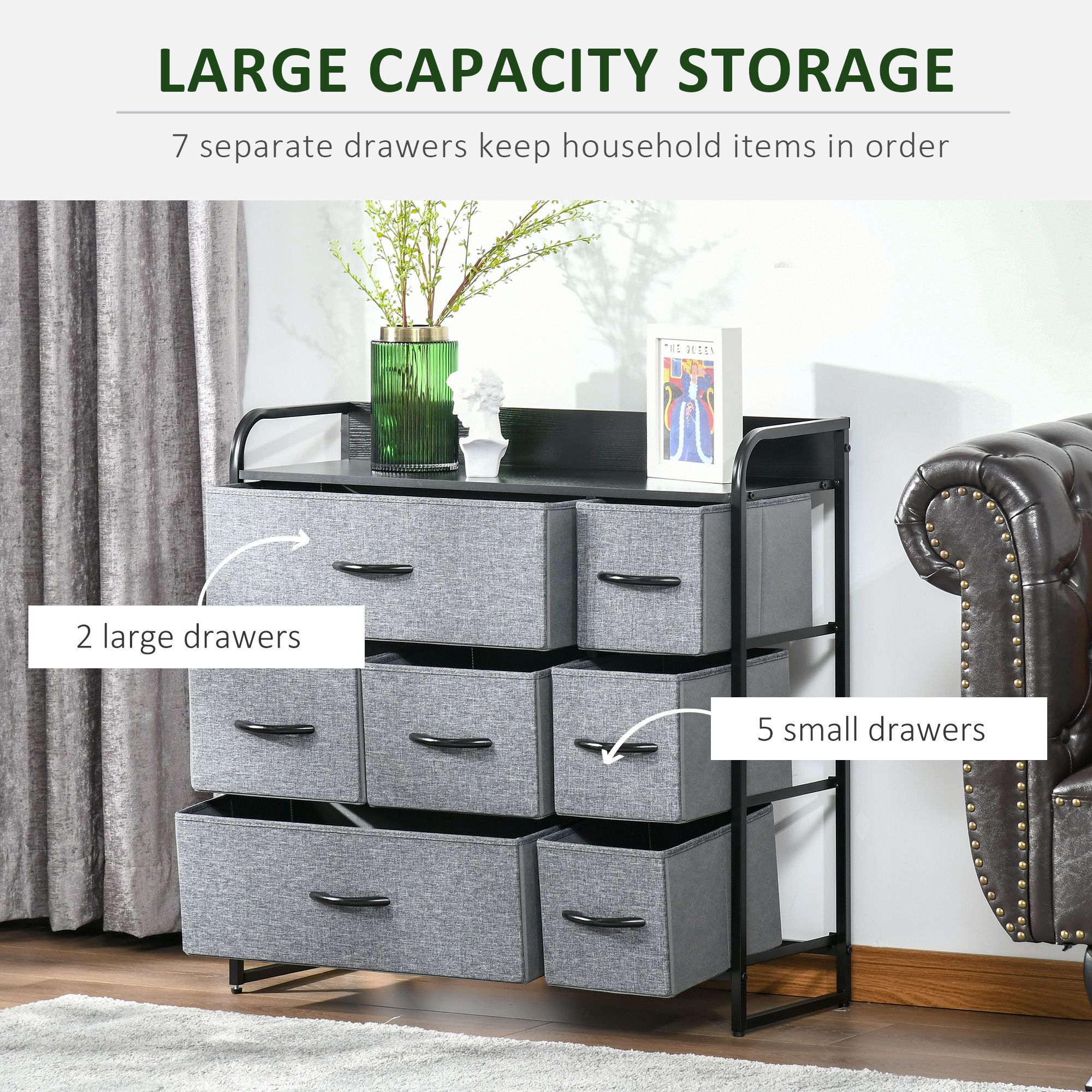 7-Drawer Gray Dresser with Steel Frame & Wooden Top Fabric Chest for Bedroom or Hallway Storage