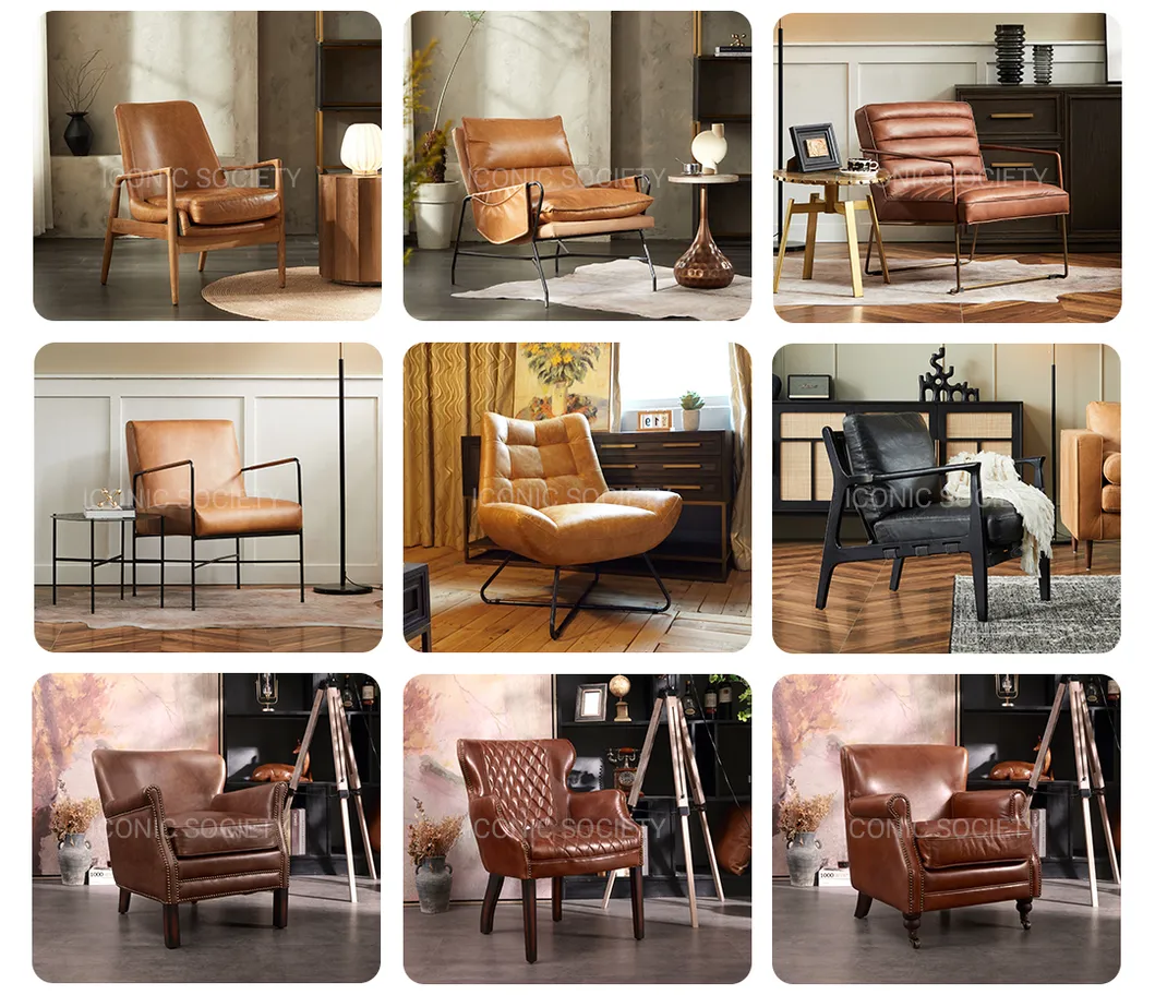 Modern Industrial Hotel Office Living Room Furniture Leisure Metal Steel Lounge Real Leather Accent Arm Chair