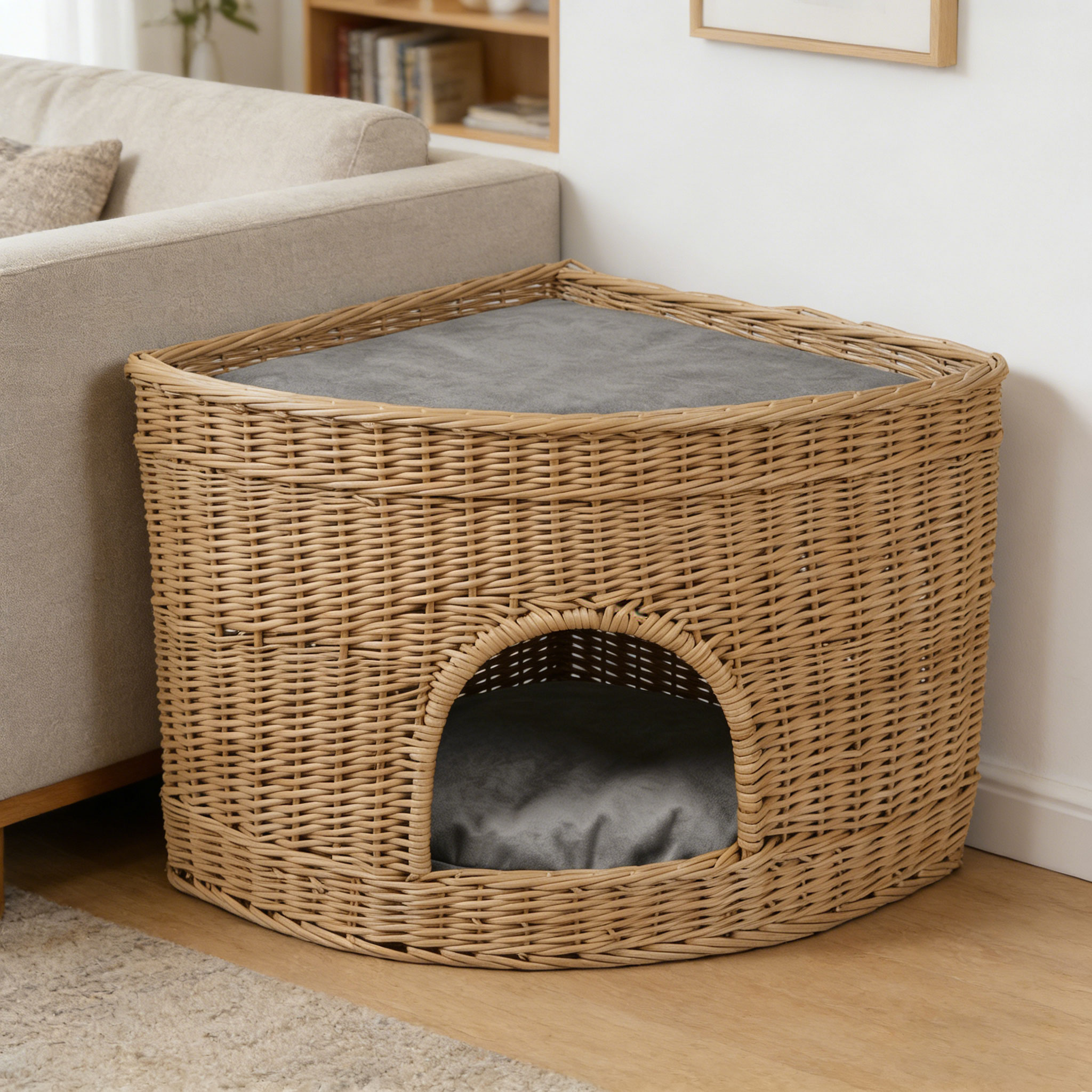 Wholesale Natural Handwoven Rattan Wicker 2-in-1 Multifunctional Pet Dog Cat House Bed Ottoman Side Table Storage Basket