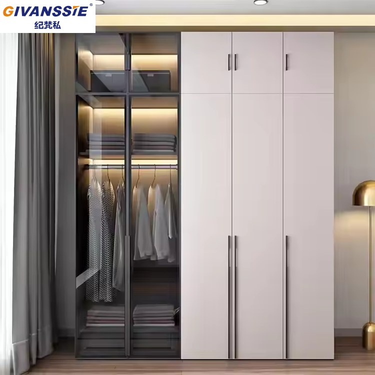 Modern Customized Bedroom Furniture Wooden Glass Door Swing Wardrobe Cabinet New Design Clothes Storage Wardrobe Cabinet