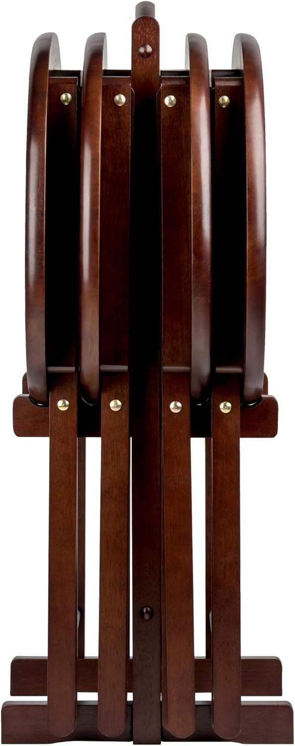 Cappuccino Snack Table Set with Stand 26 Folding Tables for Living Room Use Compact Storage Set of 4 Tables Included