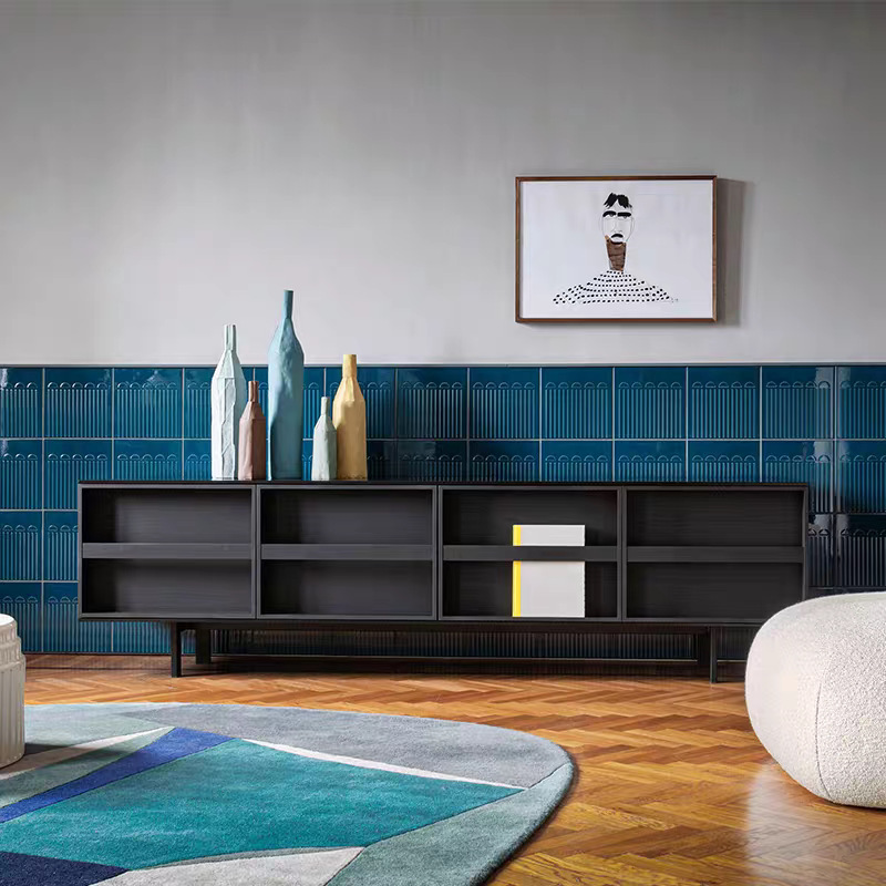 Custom Size Italian Light Luxury Walnut TV Unit Hidden Sliding Drawer Wooden Entertainment Center Cabinet Metal Support Legs