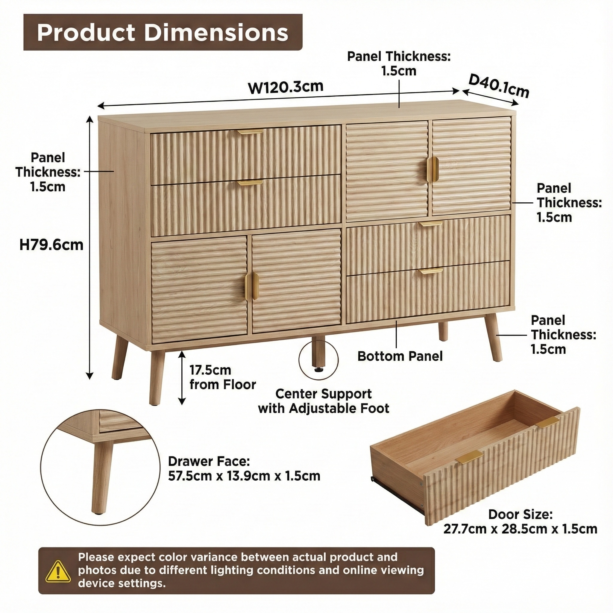Contemporary Multi Function Fluted Wooden 4 Drawers 4 Doors Chest of Dresser with Metal Handles 5 Wood Legs for Bedroom