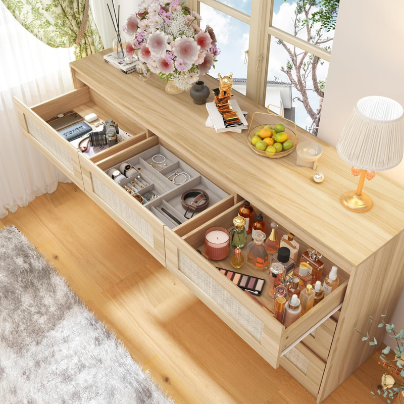 Rattan Sideboard 9 Tiers Wooden Cabinet Router Storage Chest Drawer TV Stand Storage Shelf Living Room With Door