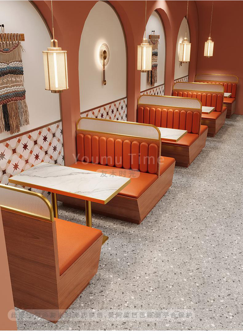 Light Luxury Commercial Restaurant Furniture Set Metal Dining Chairs Sintered Stone Dining Table and Booth Sofas for Cafe Hotel