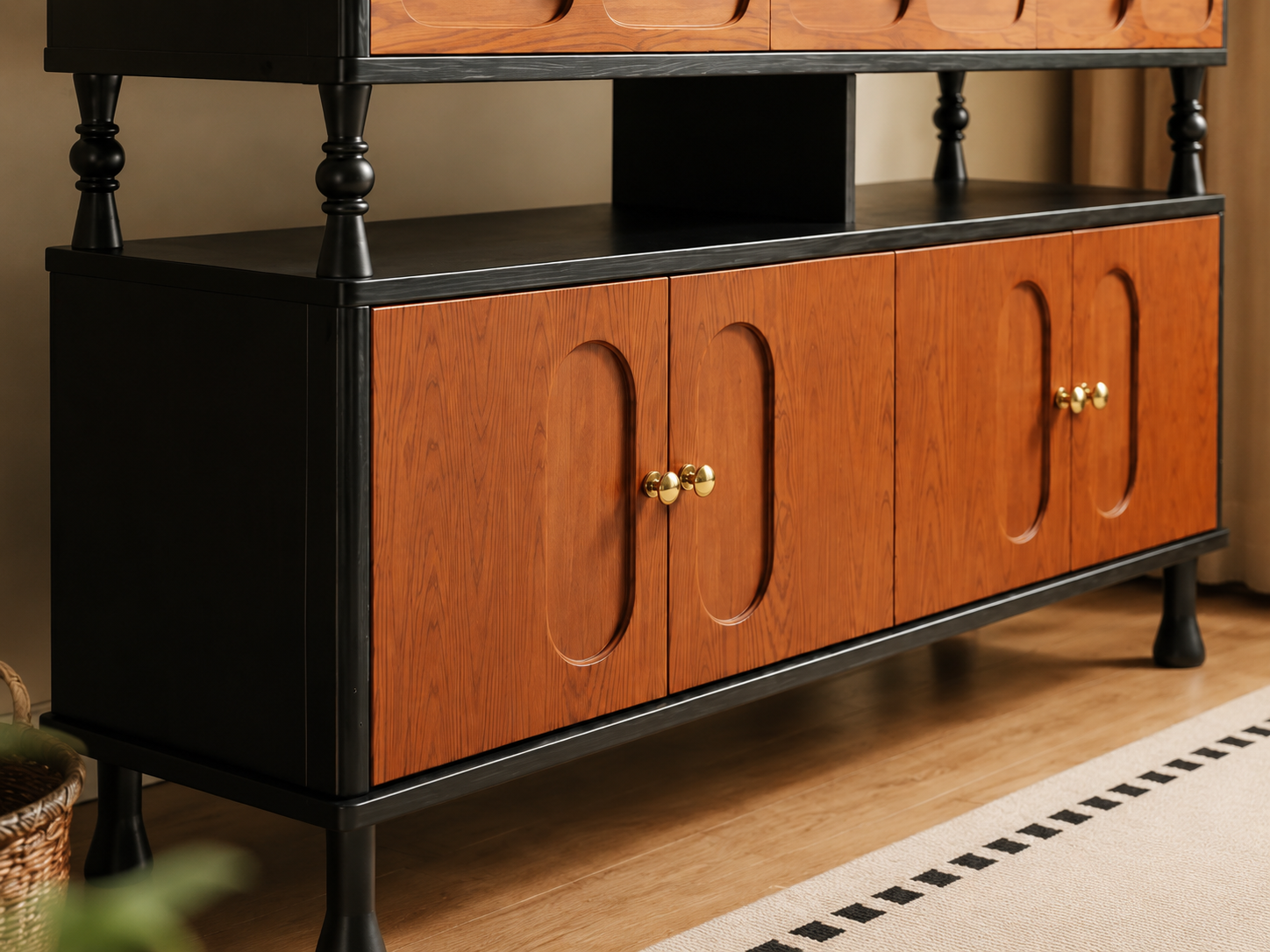Mid Century Solid Wood Sideboard Buffet Cabinet Retro Kitchen Storage Cabinet with Drawers and Doors for Dining Room Living Room