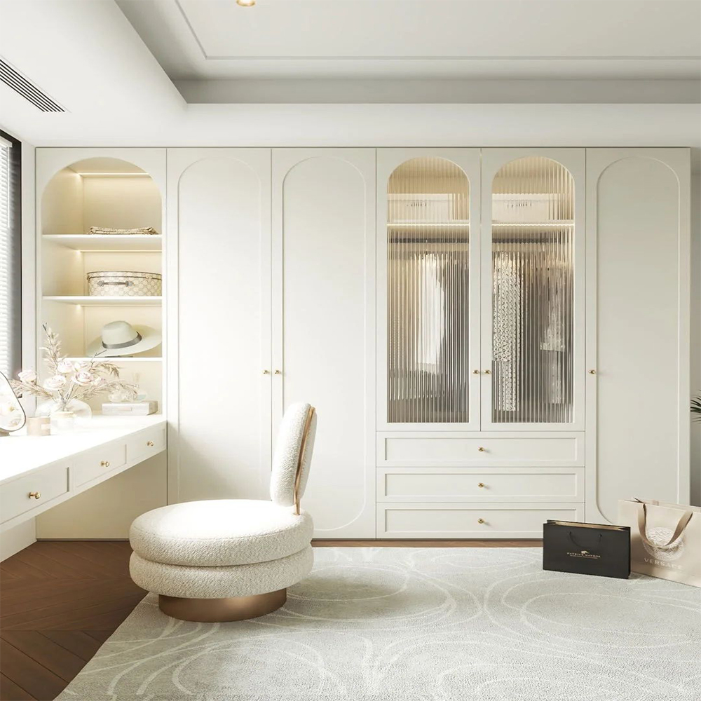 Foshan Manufacturer Modern Luxury White Wardrobes Custom Bedroom Clothes Cabinet Glass Door Wooden Wardrobe Closet For Villa