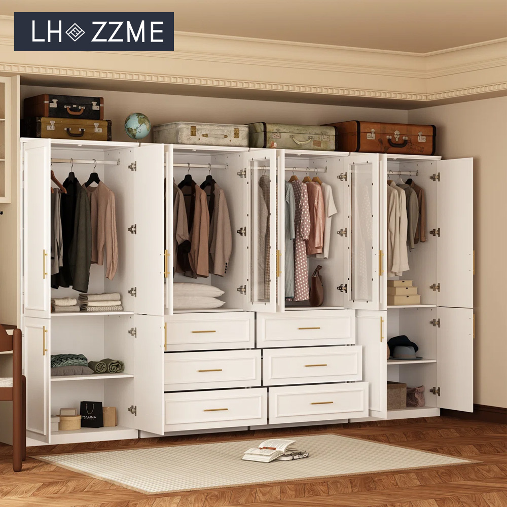 Wooden L-Shaped Corner Bedroom Wardrobe with LED Light Glass Doors Modern Italian Design Wall Mount Hotel Use 5-Year Warranty