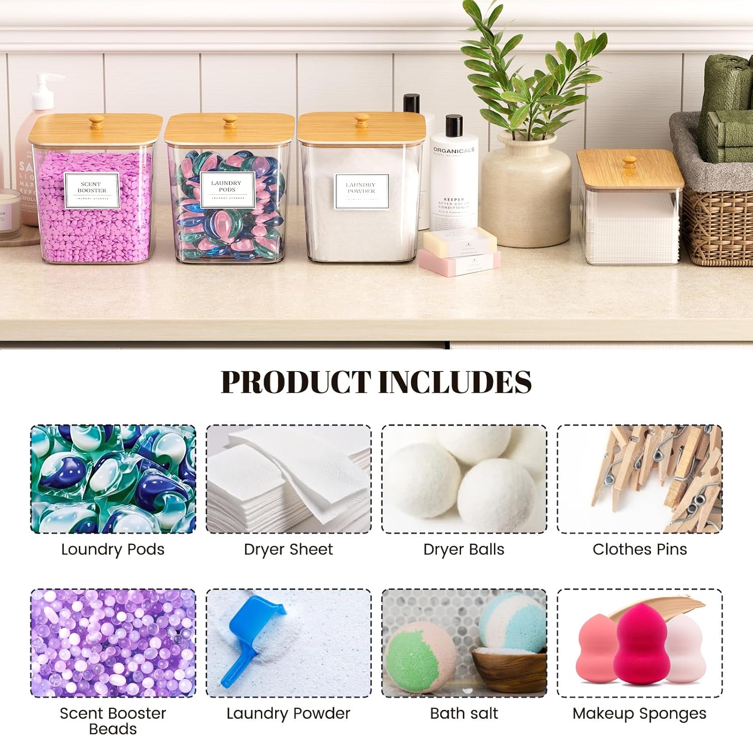 Large Organizer Clear Laundry Room Organization Detergent Powder Container Laundry Pods Storage Container With Bamboo Lid