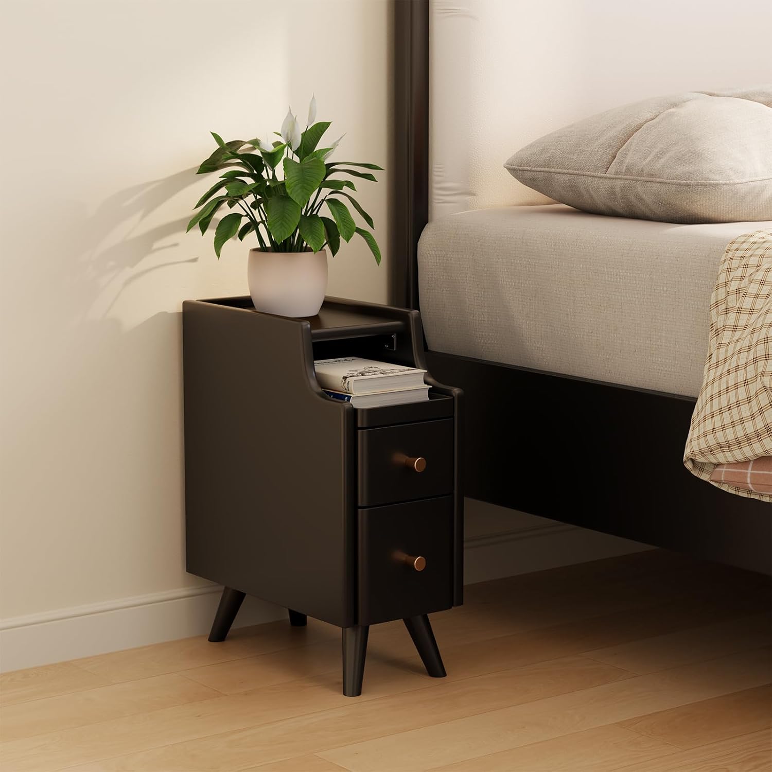 Small Nightstand with Drawers, Solid Wood Bedside Table, Narrow Walnut Nightstand for Bedroom