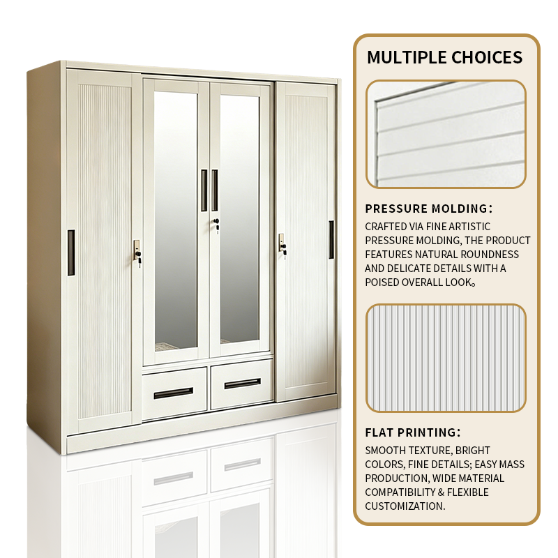 Modern Sliding Door Steel Wardrobe Closet with Mirror &amp; Drawer Cabinets Lemari Pakaian for Bedroom Furniture