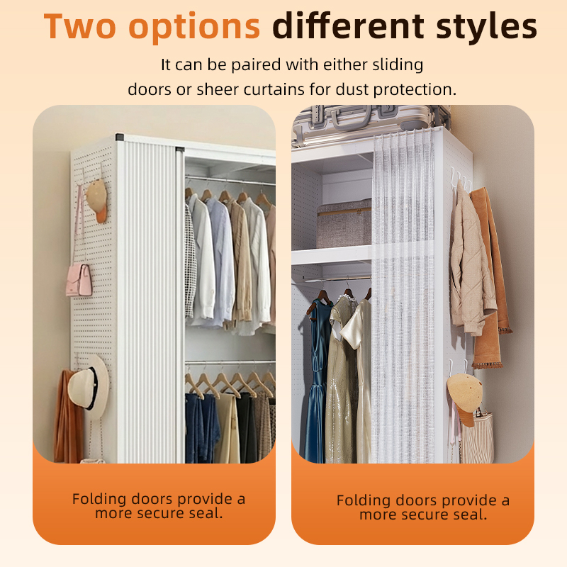Bohemian Style Open Wardrobe with Mesh Curtain &amp; Hooked Pegboard for Teen Bedroom Clothing Storage Compact Open Closet