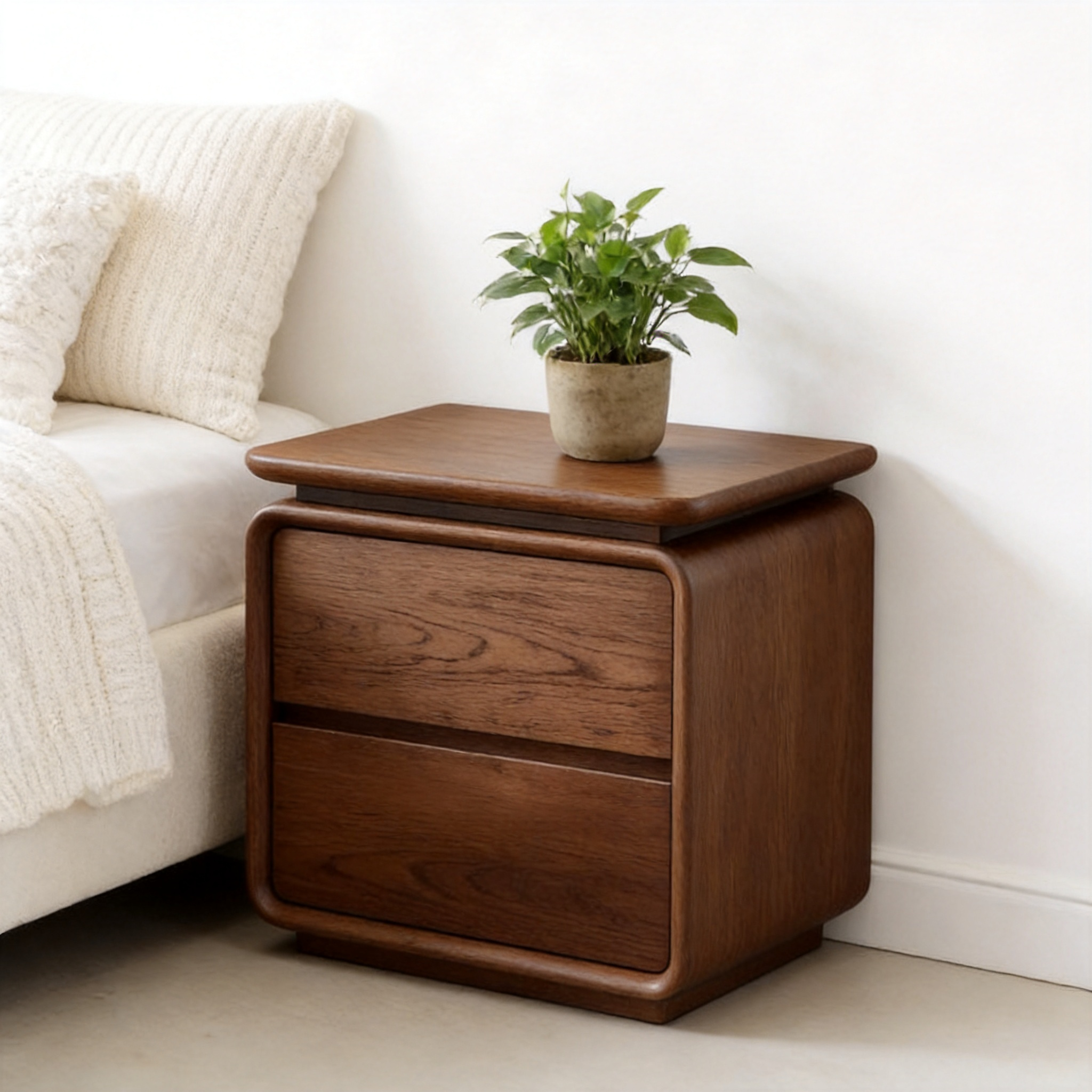 Retro Curved Edges All Solid Wood Bedside Table Natural Walnut Grain Mid-Century Modern Nightstand Large Capacity Storage