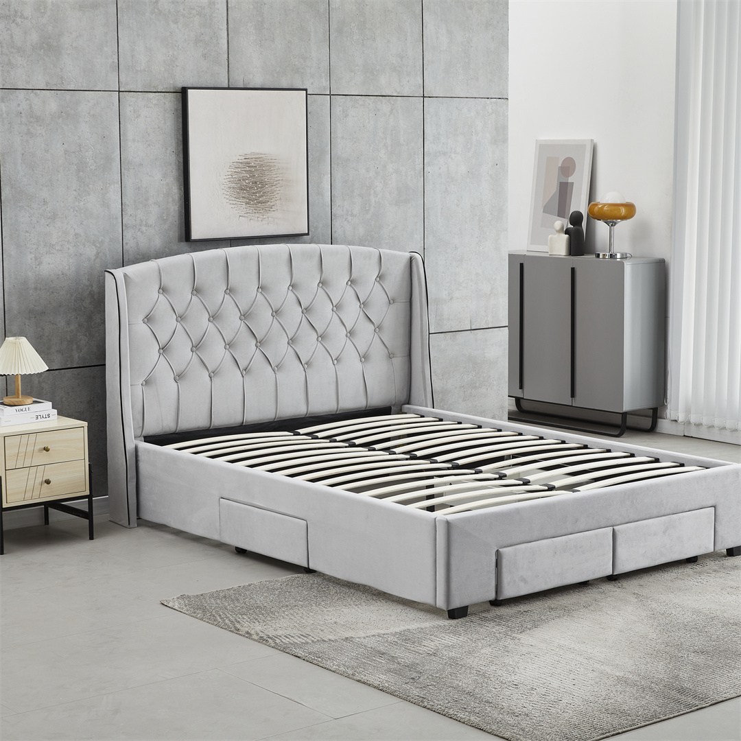 Affordable Tufted Upholstered Bed with Large Storage Drawers, Modern Bedroom Furniture Bed Frame