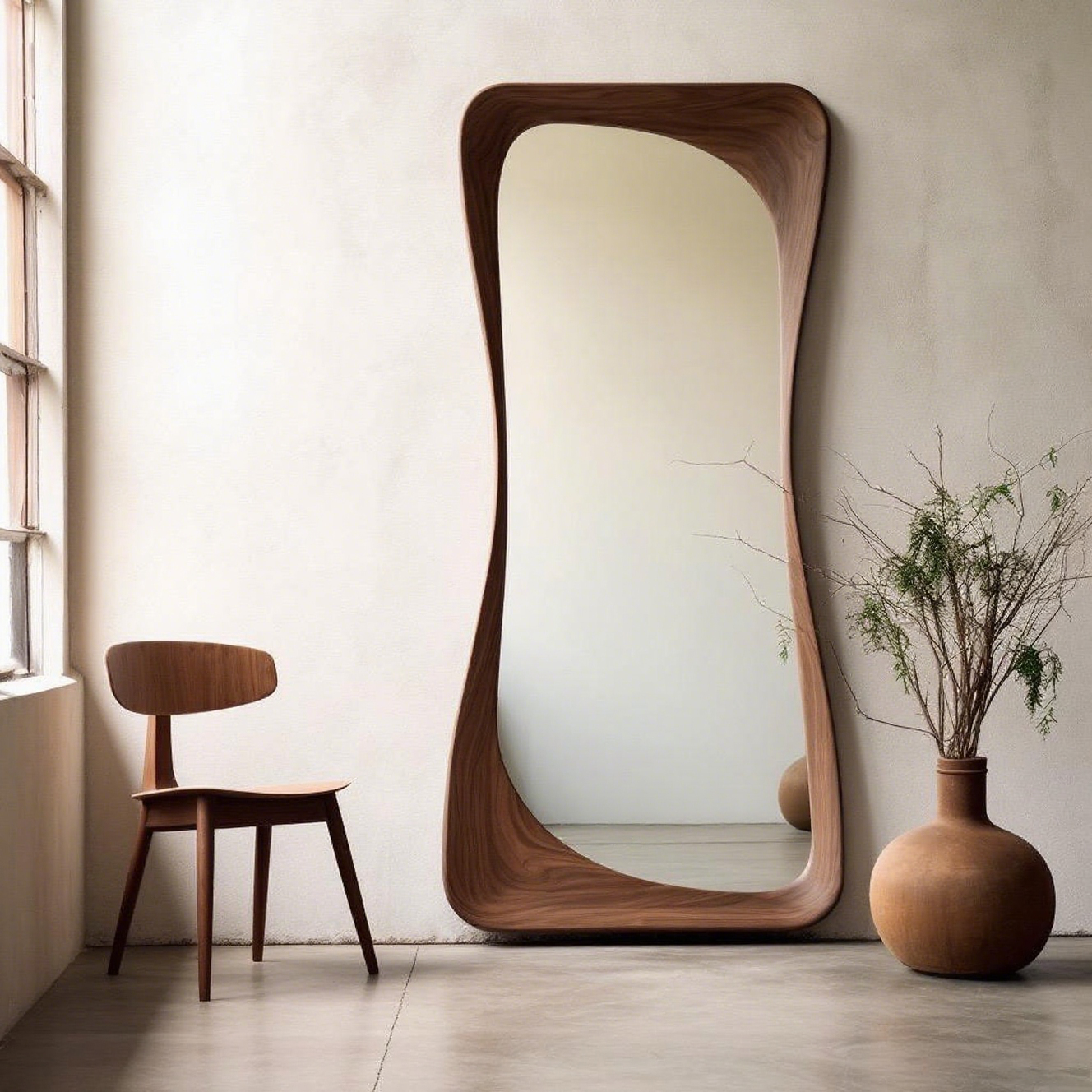 Irregular Shaped Full Length Mirror With Curved Walnut Wood Frame Organic Body Mirror Modern Japandi Living Room Factory Direct