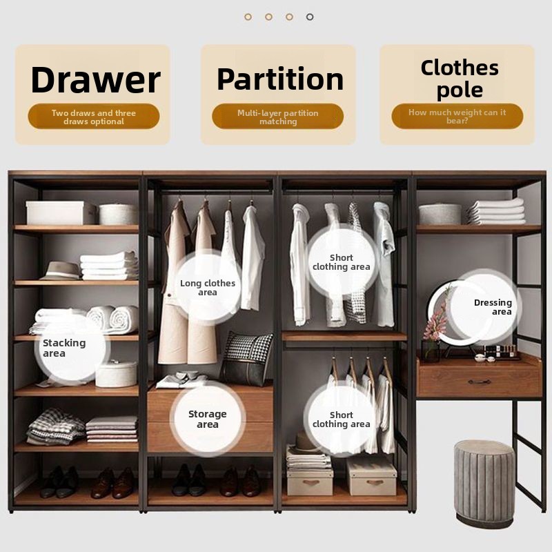 Simple Wardrobe Bedroom Modern Combination Rental House Open Cloakroom Floor Hanger Storage Cabinet Made China No Assembly