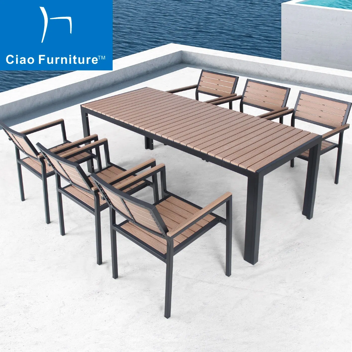 Outdoor Restaurant 7 Pieces Plastic Wood Table Chairs Garden Furniture Dining Set