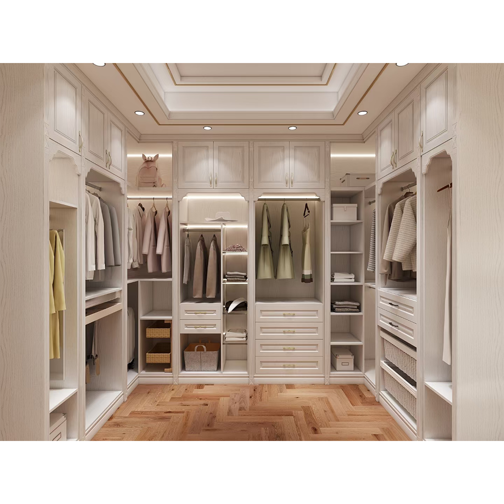 Foshan Manufacturer Modern Luxury White Wardrobes Custom Bedroom Clothes Cabinet Glass Door Wooden Wardrobe Closet For Villa
