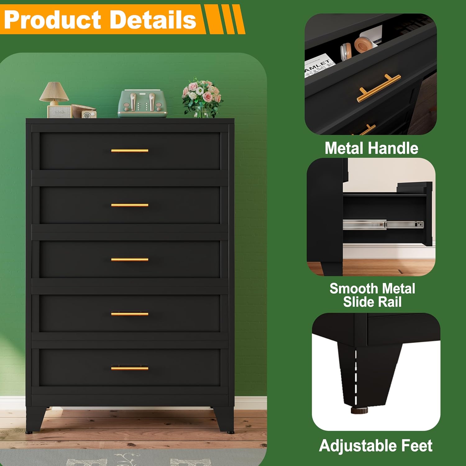 UCHANCE Metal Tall Black Dresser 53.54" H 5-Drawer Chest for Bedroom Living Room &amp; Hallway