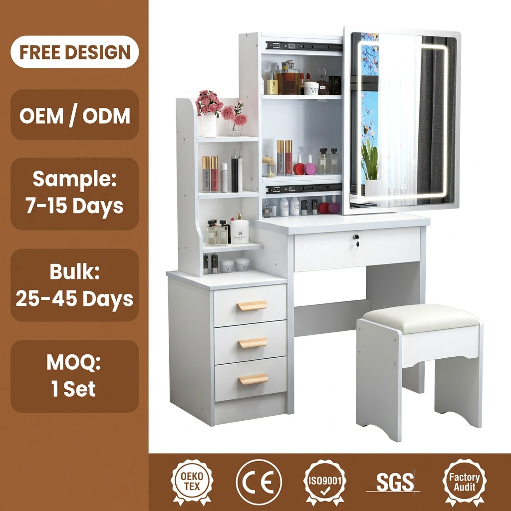 Wholesale Modern Design Electric LED Lighted Mirror Makeup Storage Cabinet Integrated Dressing Table For Small Spaces Bedroom
