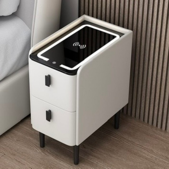 Smart Multifunctional Nightstand with Phone Charger &amp; Touch Control | Minimalist Bedroom Storage Cabinet