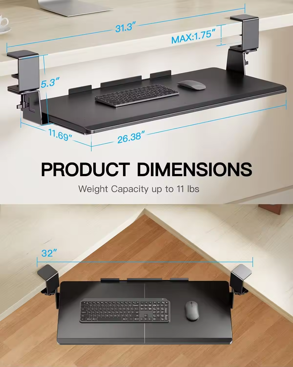Office Ergonomic Straight Corner Table Keyboard Tray Under Desk With Adjustable C Clamp Computer Keyboard Mouse Tray