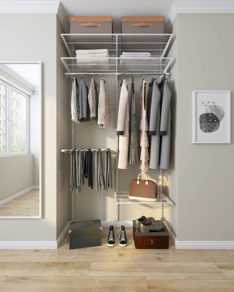 Modern DIY Adjustable Metal Shelving System for Bedroom Walk-in Wardrobe Closet Storage Organization Home Storage Solution