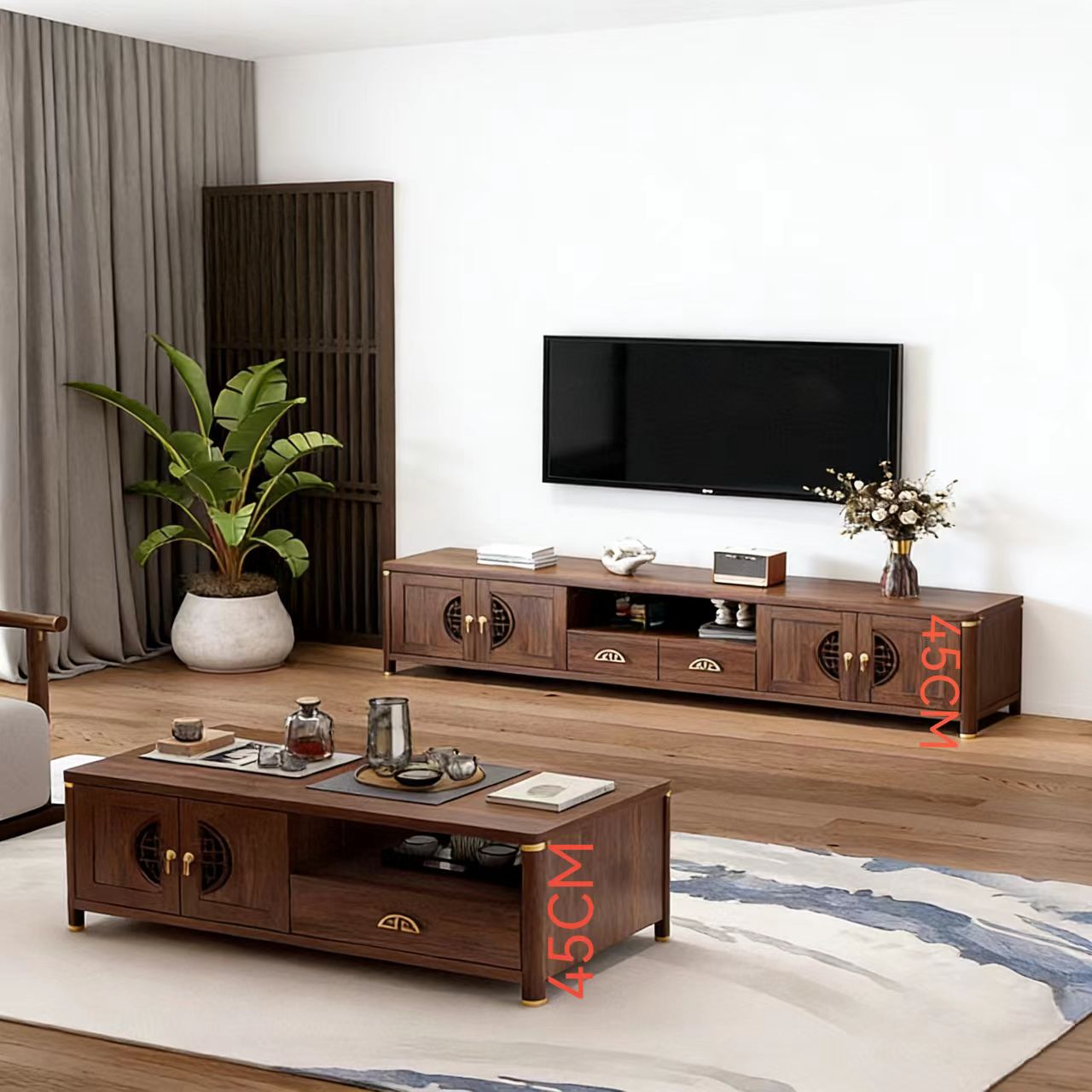 Modern Wooden Console TV Cabinet and Coffee Table Set with Storage and Customizable Size for Living Room Home Furniture
