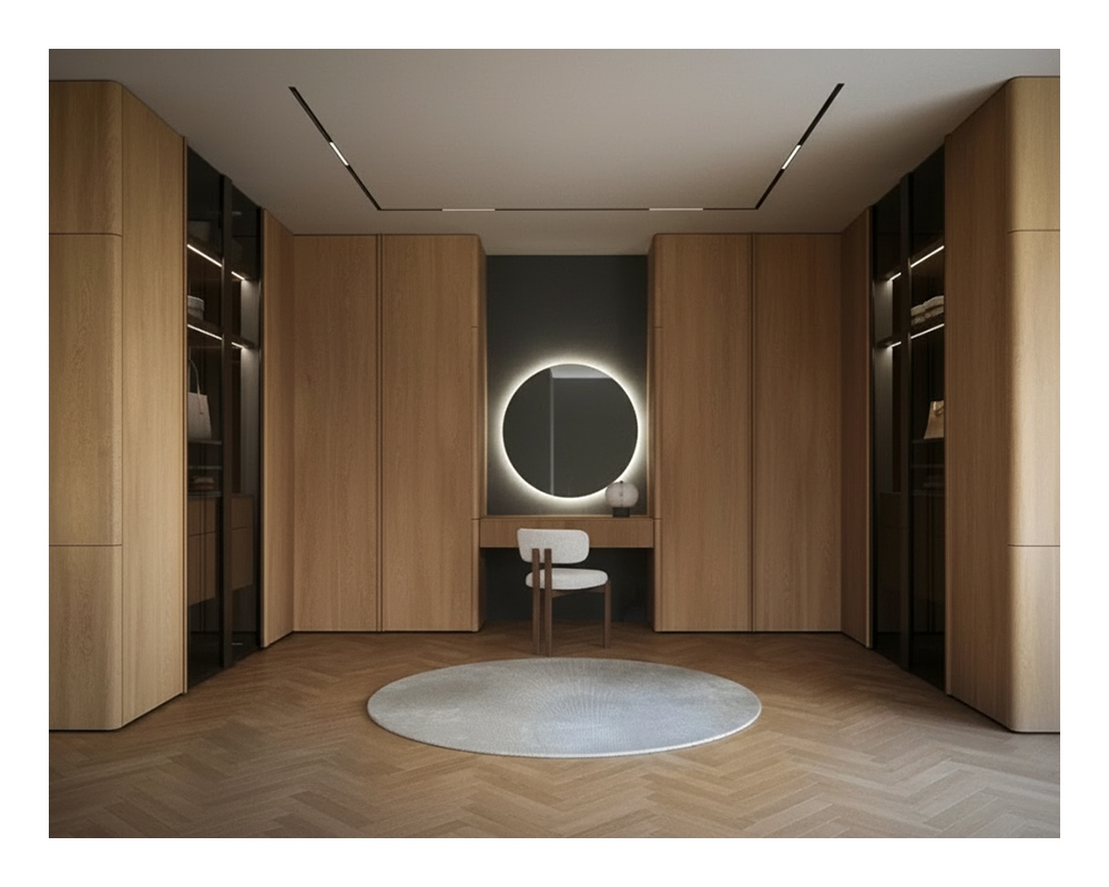Modern Walnut Wood Walk-in Closet System Glass Door LED Lighting Bedroom Wardrobe