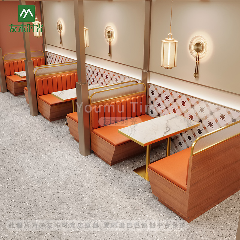 Light Luxury Commercial Restaurant Furniture Set Metal Dining Chairs Sintered Stone Dining Table and Booth Sofas for Cafe Hotel