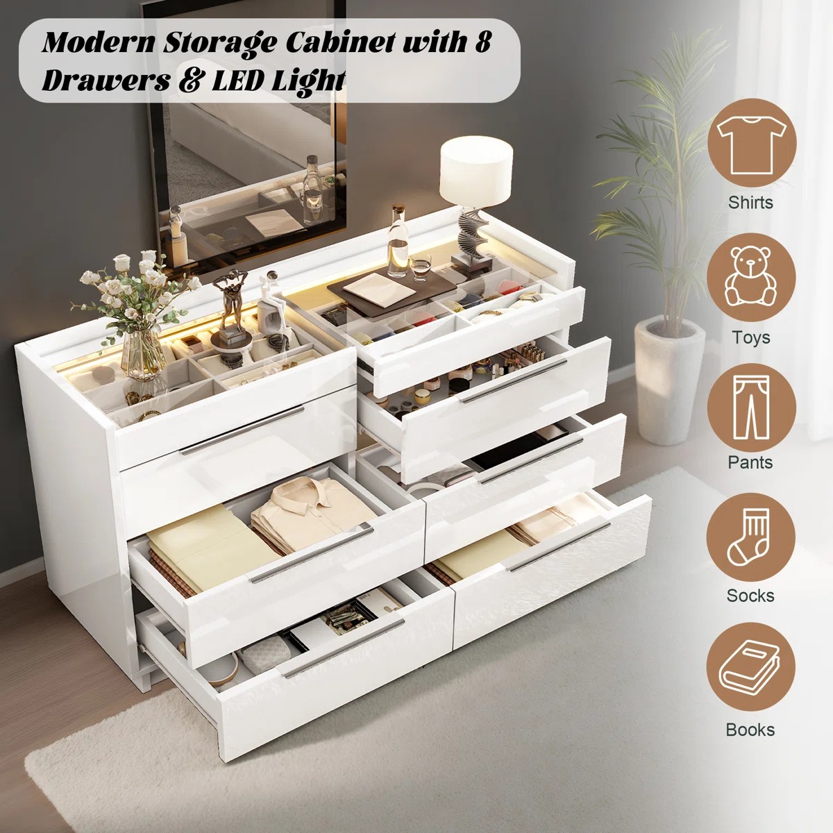 Factory Direct High Quality White 4 Piece High Gloss Dresser Chest and Nightstand Bedroom Set for Home Apartment Hotel