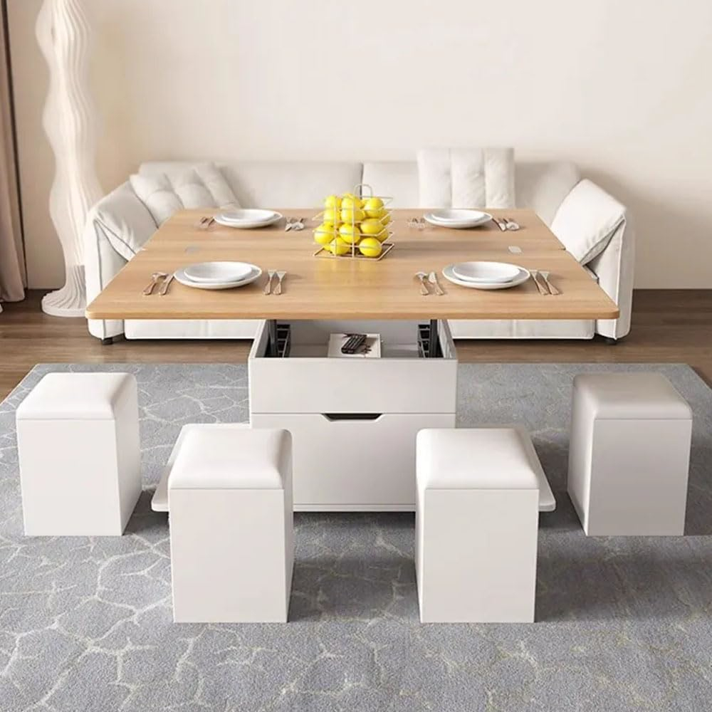 Modern Living Room Furniture Multifunctional Square Extendable Center Table Wooden Folding Coffee Table with Storage Stools