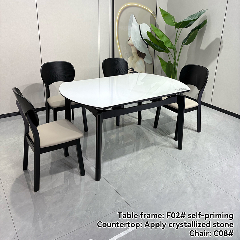 Modern Folding Dining Table Set with 6 Chairs Tempered Glass Top and Solid Wood Frame