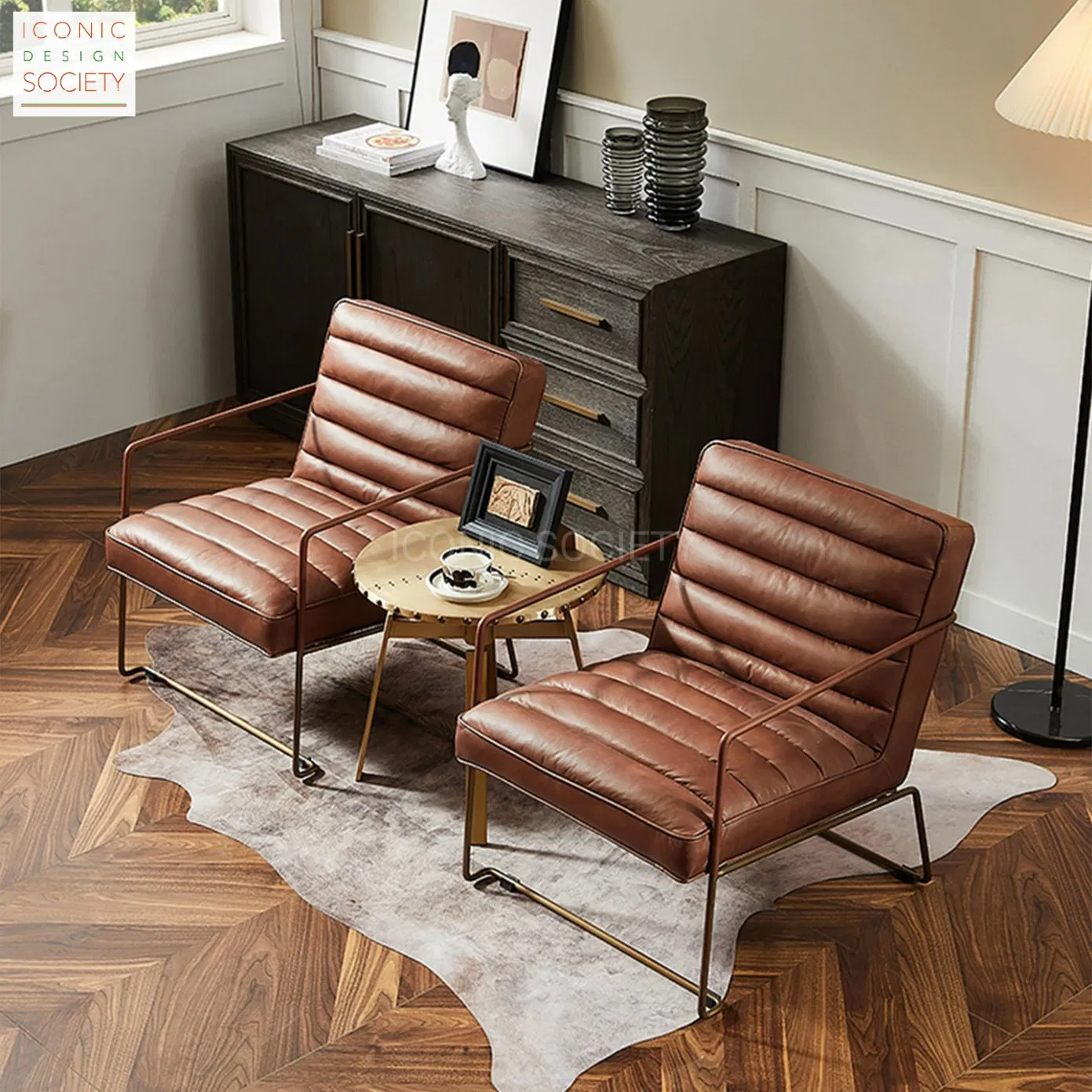 Industrial Modern Genuine Leather Foshan Custom Wholesale Living Room Restaurant Hotel Home Furniture Metal Steel Pipe Leather Dining Accent Chair