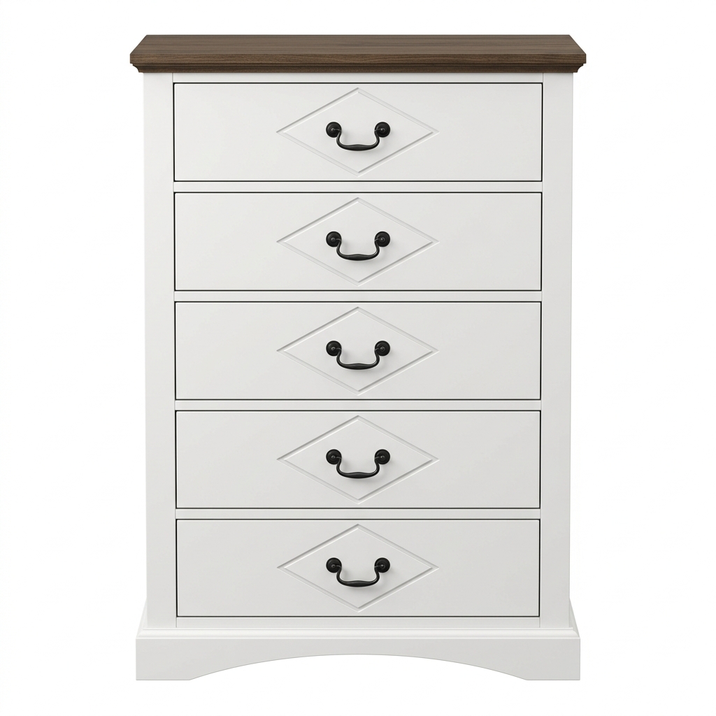 Modern Farmhouse White 5 Drawer Dresser Wooden Surface Vertical Chest of Drawers Tall Bedroom Storage Cabinet Clothes Organizer