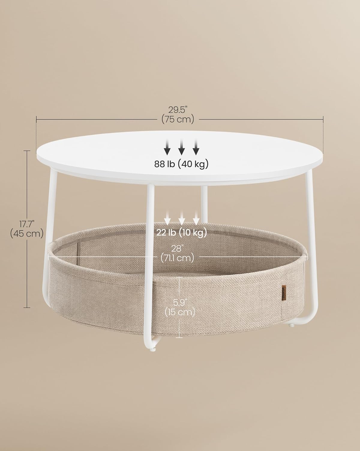 Modern Bamboo Coffee Table with Storage and Fabric Basket Round Design for Living Room (Metal Frame)
