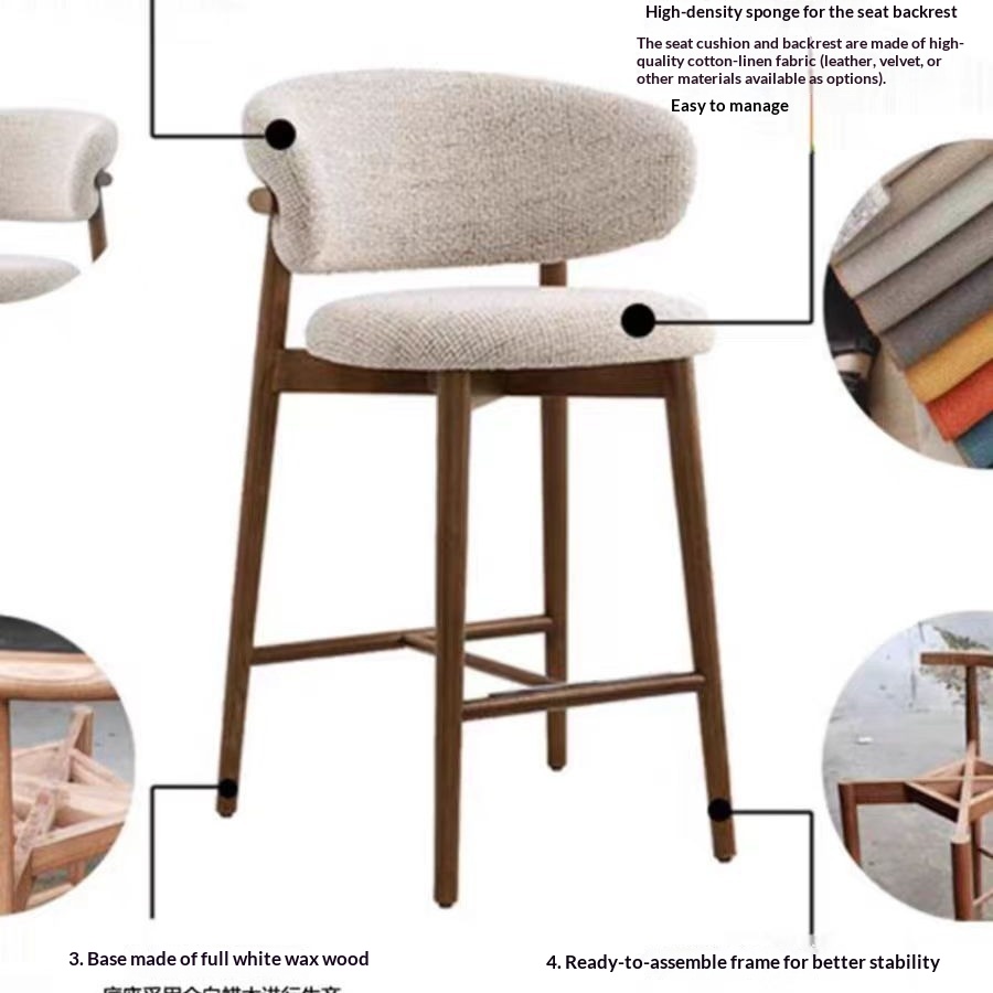 Modern Solid Wood Bar Stool Nordic Italian Style Kitchen Chair Small Dining Chair Backrest Hotel Restaurant Casual High Stool