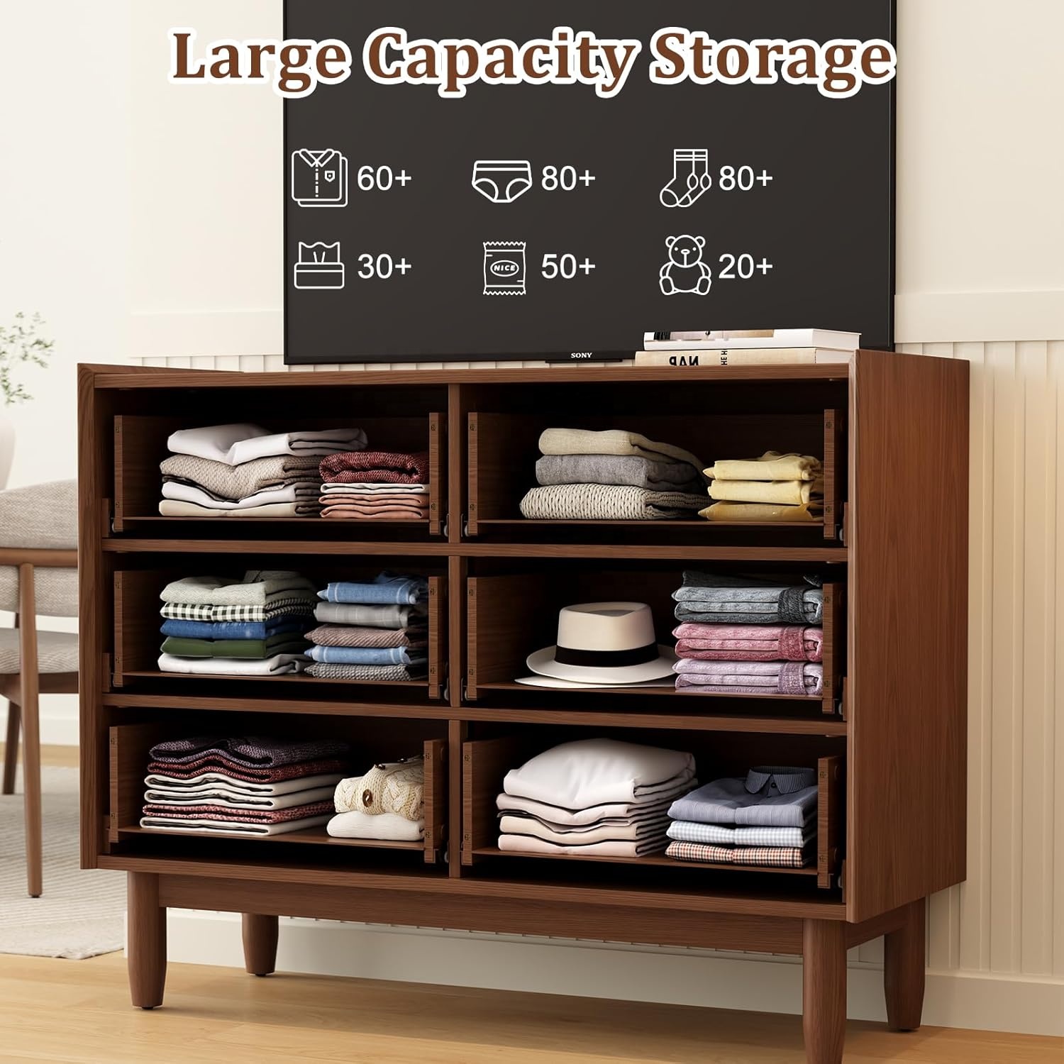 US Stock 6-Drawer Wood Dresser with Brushed Finish Large Storage Cabinet Bedroom Closet &amp; Kitchen Living Room Furniture DG026
