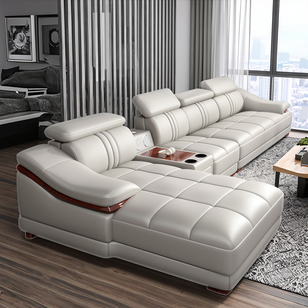 Genuine Leather Sectional Sofa Set Modular Design Sponge Filled Modern High End Living Room Complete Set