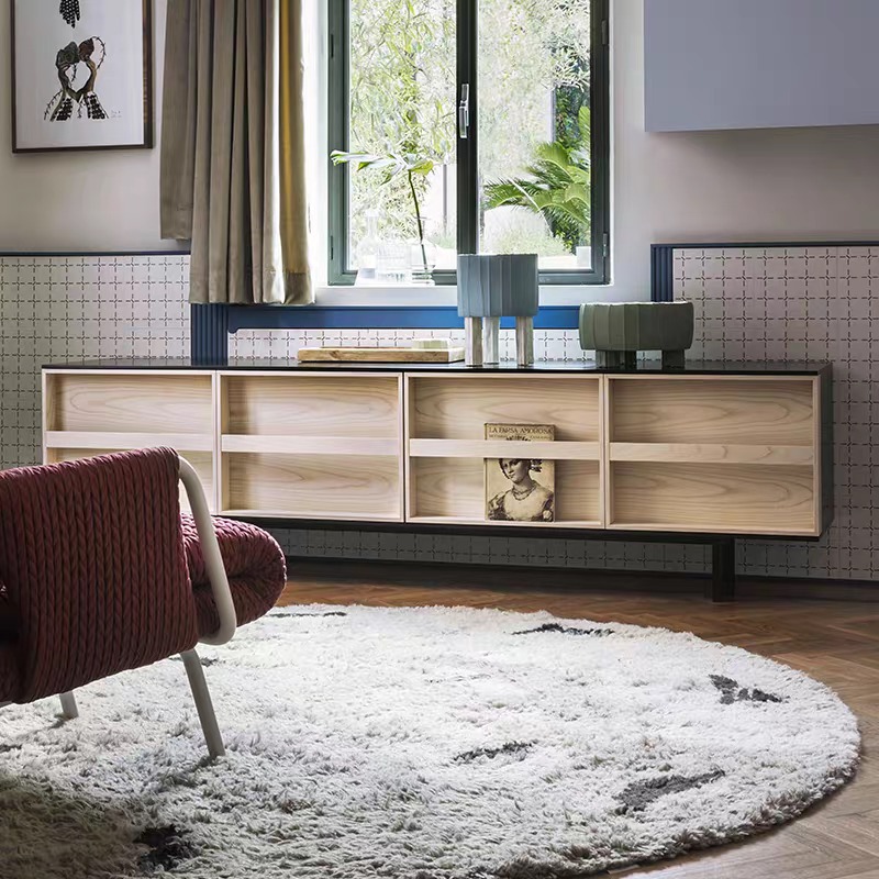Custom Size Italian Light Luxury Walnut TV Unit Hidden Sliding Drawer Wooden Entertainment Center Cabinet Metal Support Legs