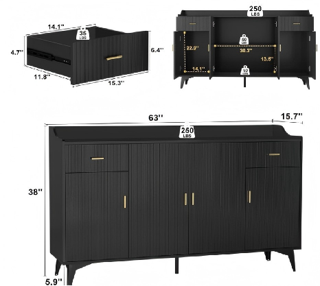 Modern 160cm Sideboard Buffet Cabinet with Drawers White Solid Color Vacuum Coated Dining Room Furniture Storage Cupboard