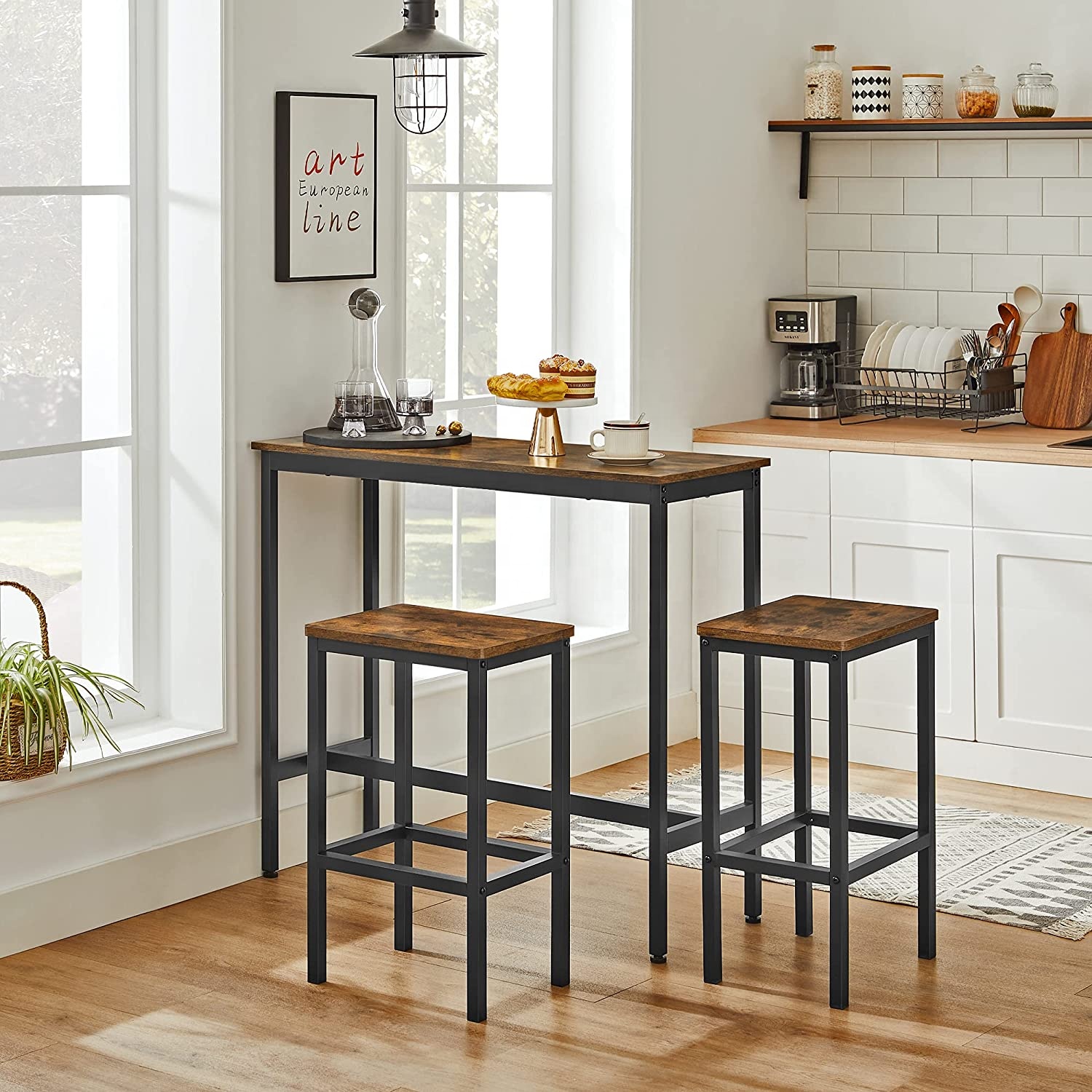 Industrial Dining Table Set Bar Table and Chairs Set Kitchen Bar Height Table with Stools Set of 2 Steel Frame