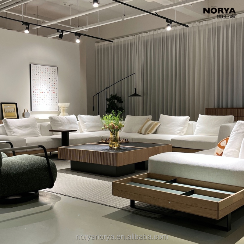 NORYA Italian Modern Fabric L-shaped Combination Luxurious Sofa Set For Living Room Wood Furniture European White Oak White