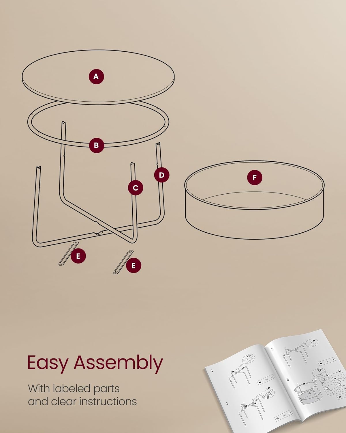 Modern Bamboo Coffee Table with Storage and Fabric Basket Round Design for Living Room (Metal Frame)
