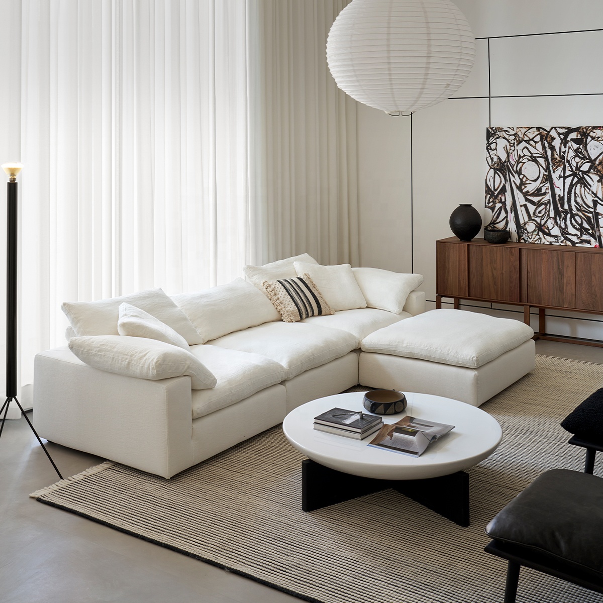 Zayshine Italian Modern Luxury White Linen 3-seater Modular Living Room Set Sofa L-Shape Washable Apartment Villa Cloud Sofa