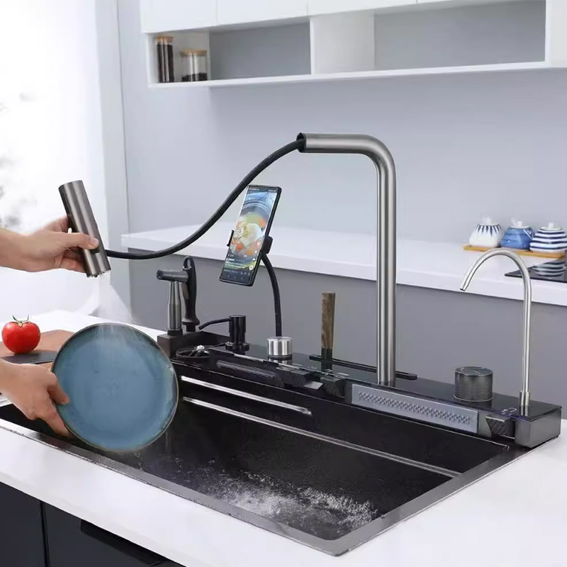 Smart Modern Single Kitchen Sink Nano Stainless Steel Multifunctional Rain Fly Waterfall Black Smart Sink With Phone Holder